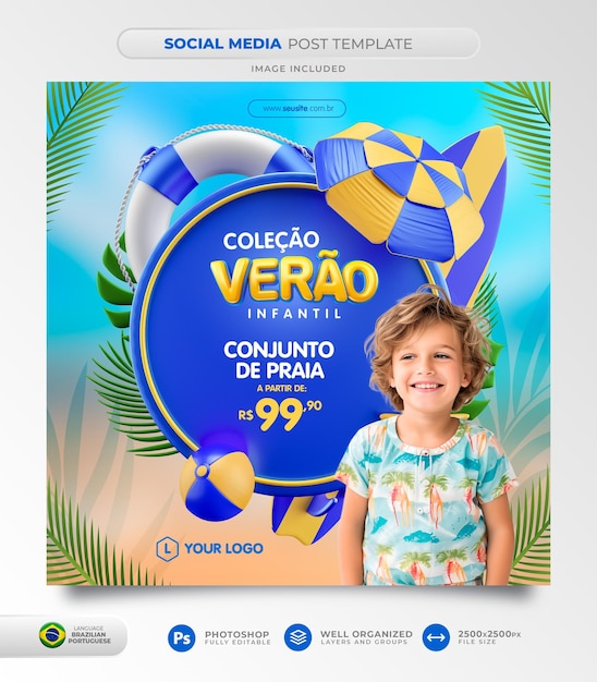 Post social media summer of offers in brazil 3d render template for marketing campaign in portuguese