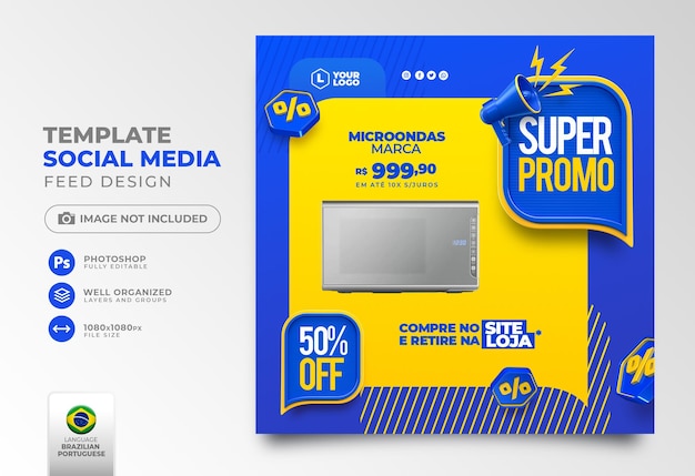 Post social media super promo in portuguese 3d render for marketing campaign in brazil