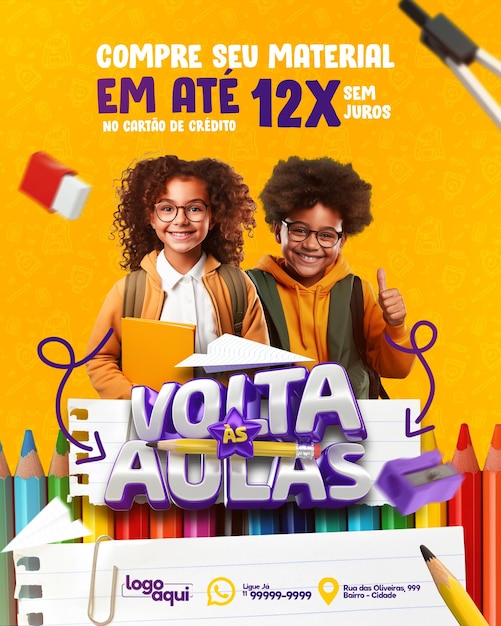 Post social media template back to school for school campaigns with 3d logo volta as aulas