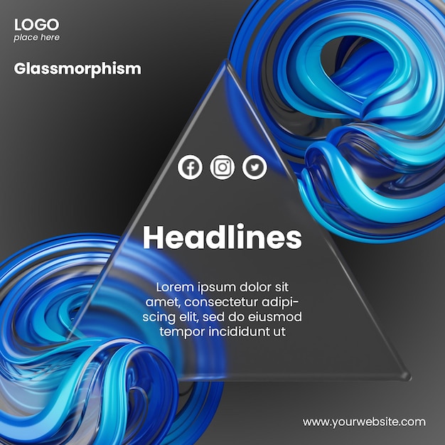 Post social media van glassmorphism ontwerp met 3d abstracte vormen rendering