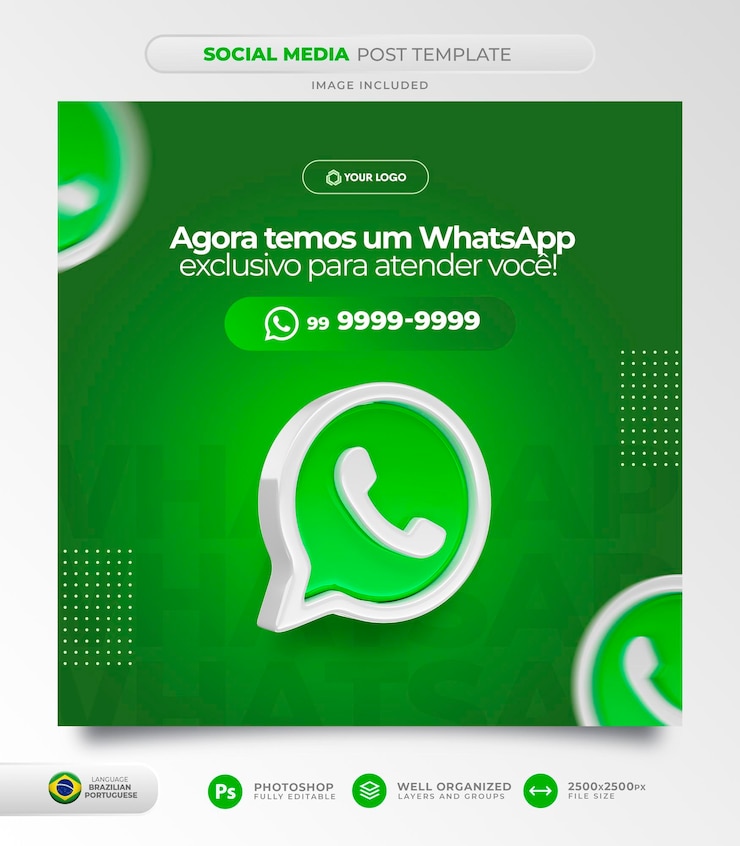 PSD 마케팅 캠페인을 위해 브라질 포르투갈어로 소셜 미디어 whatsapp 거래를 게시