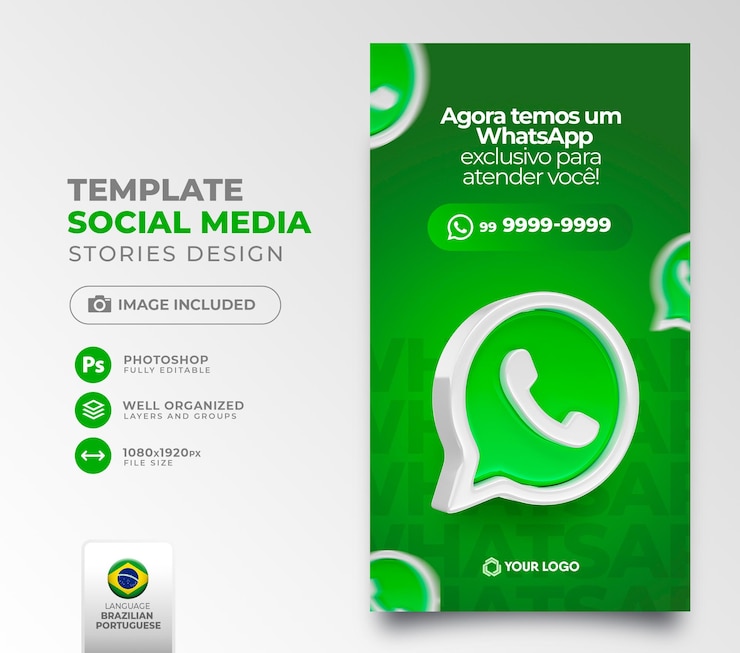 PSD 마케팅 캠페인을 위해 브라질 포르투갈어로 소셜 미디어 whatsapp 거래를 게시