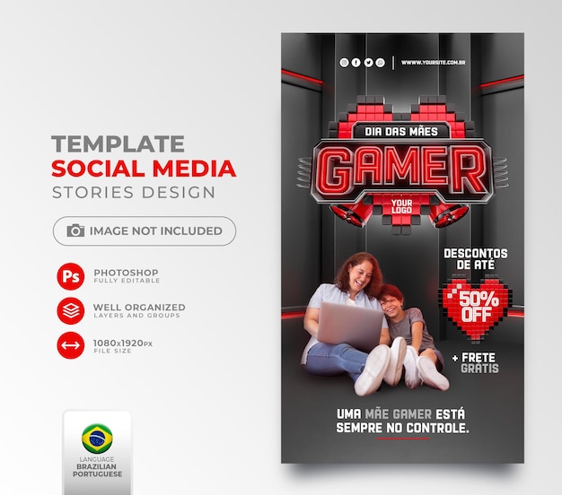 Post sociale media moederdag gamer aanbieding in Portugese 3d render voor marketingcampagne in brazilië