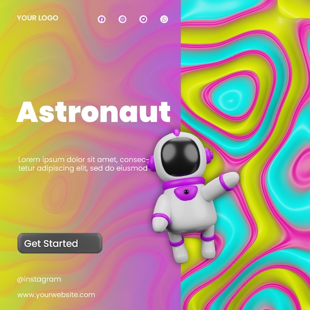 Post sociale media sjabloonontwerp astronaut met 3D-rendering abstracte achtergrond