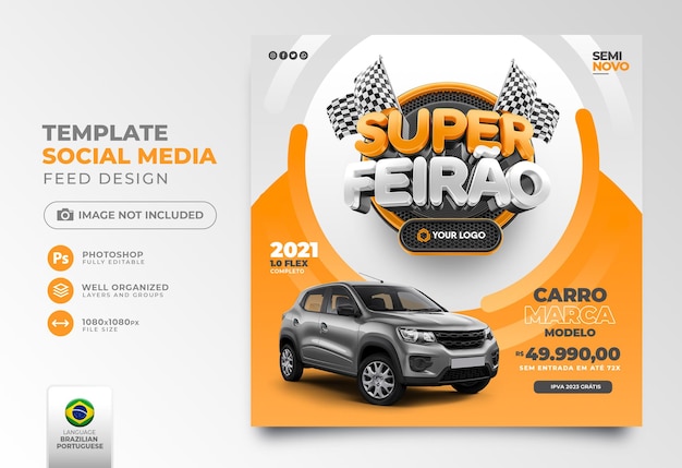 Post sociale media Super Car Fair in Portugese 3d render voor marketingcampagne in Brazilië