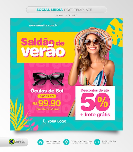 PSD post vendita estiva sui social media in portoghese brasiliano in modello di rendering 3d per il marketing