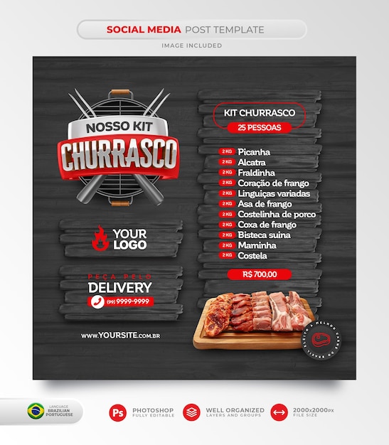 PSD post template barbecue kit in portuguese for social networks in brazil