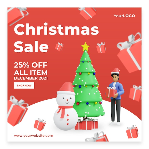 Invii la vendita di sconto del modello che celebra l'illustrazione 3d della rappresentazione 3d del natale psd premium