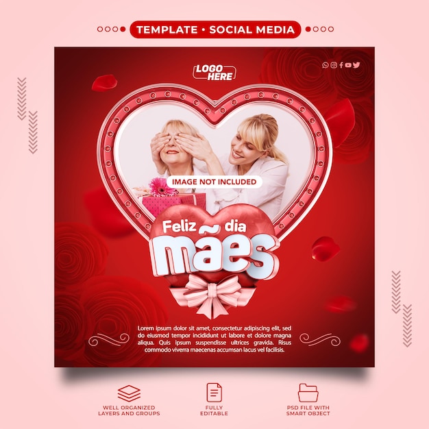 Post template instagram red happy mothers day for composition in brazil