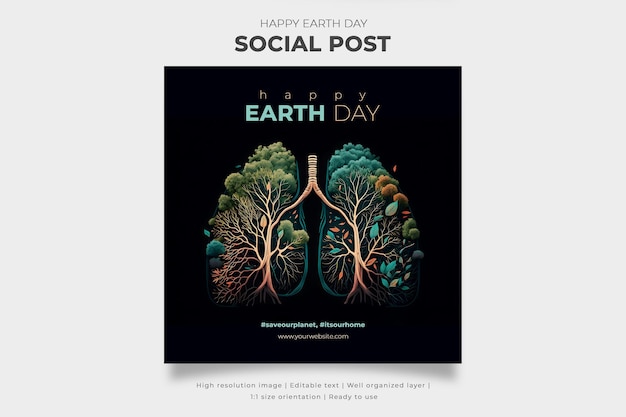 PSD post w mediach społecznościowych przedstawiający dzień ziemi ilustracja leśnych płuc człowieka