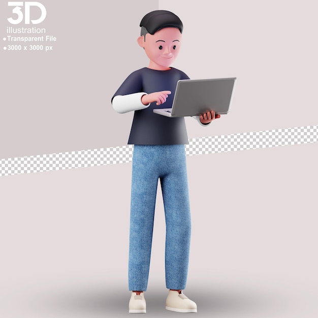PSD postać 3d grająca w laptopa 3d renderowania ilustracji na izolowanym tle stylu png