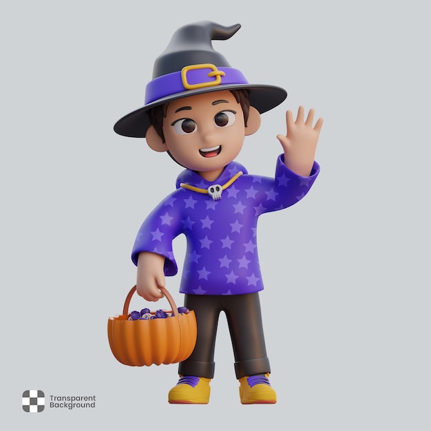 PSD postać chłopca w kostiumie czarodzieja z koszem cukierków, impreza z okazji halloween, ilustracja 3d