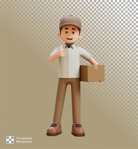 PSD postać dostawcy 3d podnosząca kciuk z pudełkiem na paczce