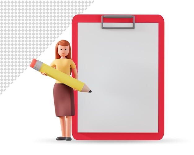PSD postać kobiety w spódnicy trzymającej ołówek i stojącej obok dużego papieru pustej ilustracji 3d