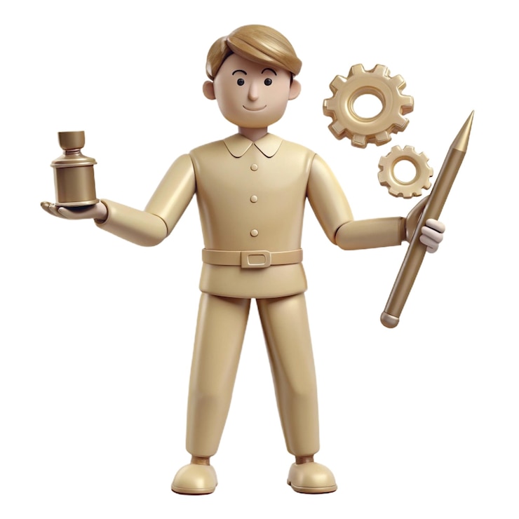 PSD postać lego człowieka trzymającego narzędzie i maszynę z modelem inżyniera mechanicznego