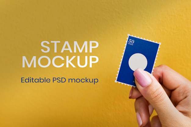 PSD postage stamp mockup psd in a hand