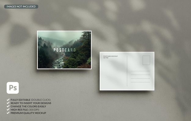 Postcard mockup double sided template with overlay shadow on a textured background