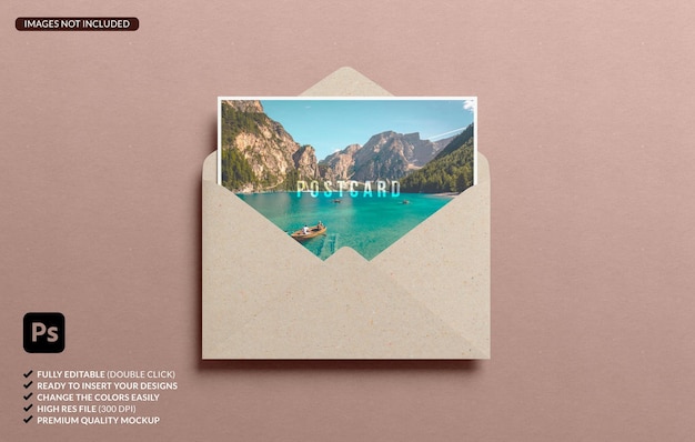 Шаблон макета открытки внутри конверта на цветном фоне в плоской планировке