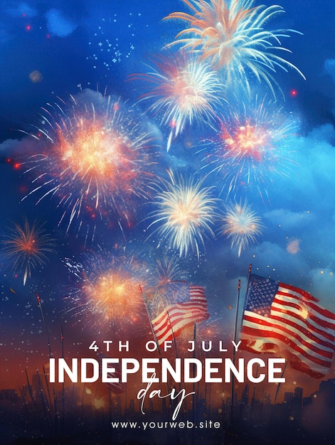 PSD un poster per il 4 luglio con fuochi d'artificio e una bandiera