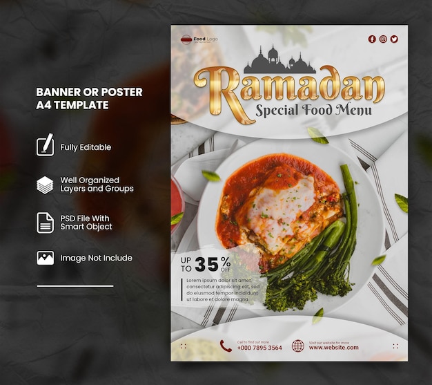 PSD poster a4 o banner modello di menu speciale per il cibo del ramadan