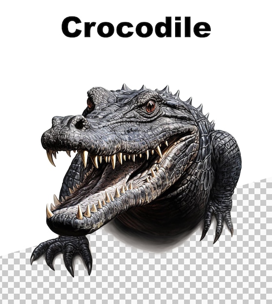 PSD a poster of an aggressive crocodile on a transparent background with the words crocodile above it