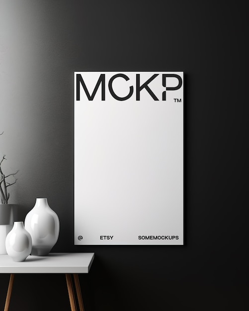 PSD poster or artwork mockup photoshop minimalist interior black wall background premium mockup