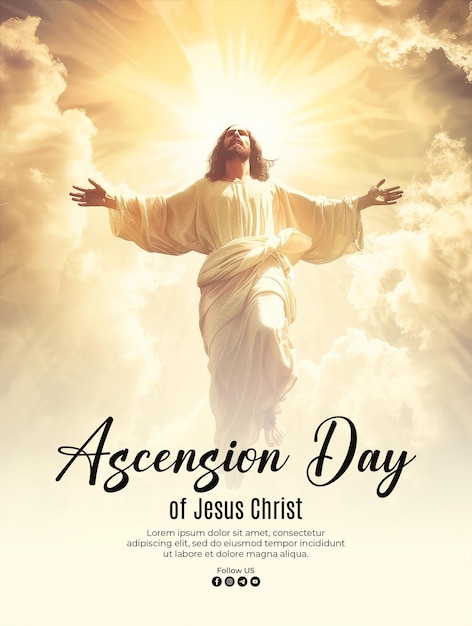 PSD poster for the ascension day of jesus christ with the background of jesus ascending into the sky
