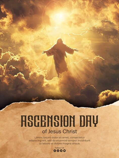 PSD poster of the ascension of jesus christ with a shining silhouette in the clouds background