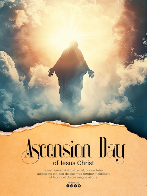 PSD poster of the ascension of jesus christ with a shining silhouette in the clouds background