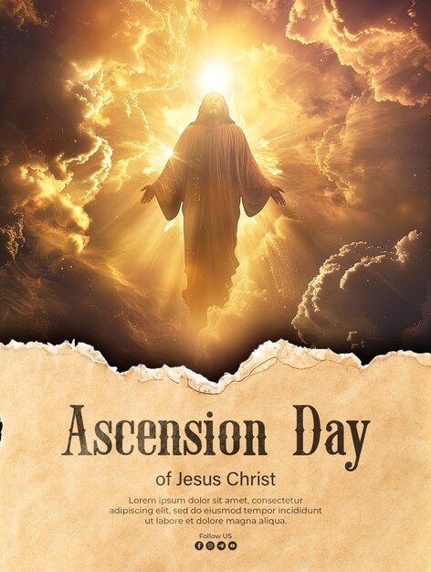 PSD poster of the ascension of jesus christ with a shining silhouette in the clouds background