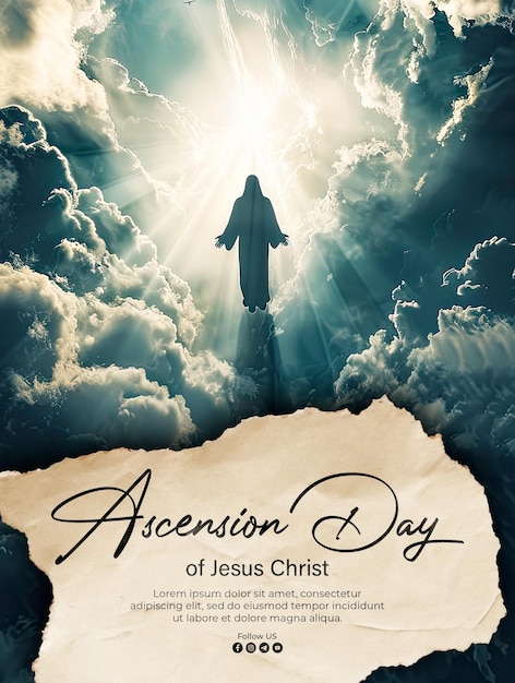 PSD poster of the ascension of jesus christ with a shining silhouette in the clouds background