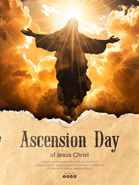PSD poster of the ascension of jesus christ with a shining silhouette in the clouds background