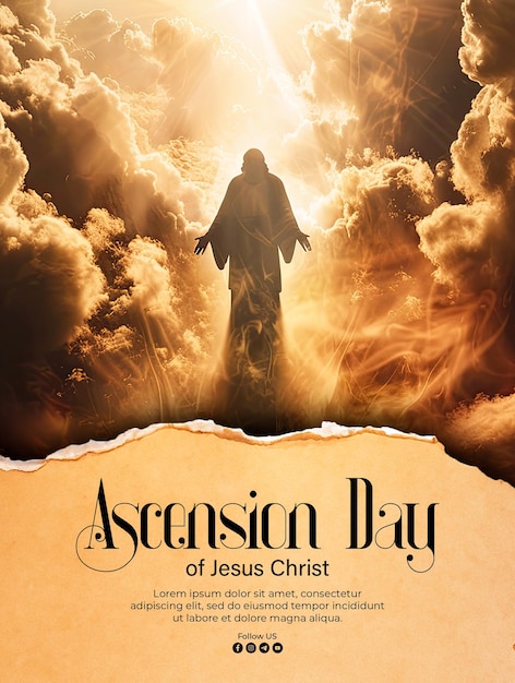 PSD poster of the ascension of jesus christ with a shining silhouette in the clouds background