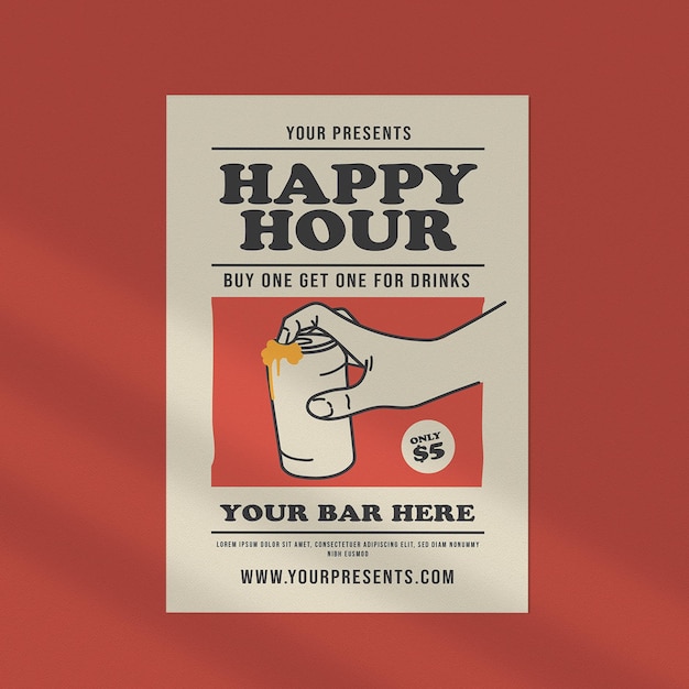 PSD un poster per un bar che dice happy hour.