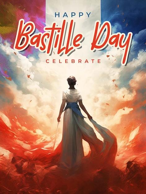 PSD a poster for bastille day celebrating with a woman in a dress and a red and white clouds.