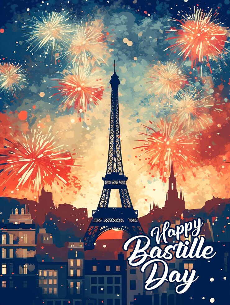 PSD a poster for bastille day with fireworks in the background.