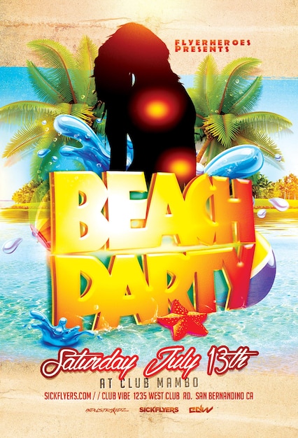 PSD a poster for the beach party with a man in a suit on the bottom