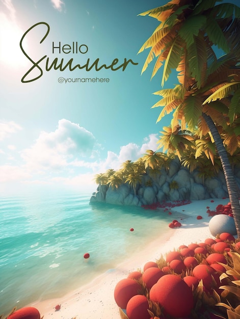 PSD a poster for a beach with palm trees and the words hello summer on it.