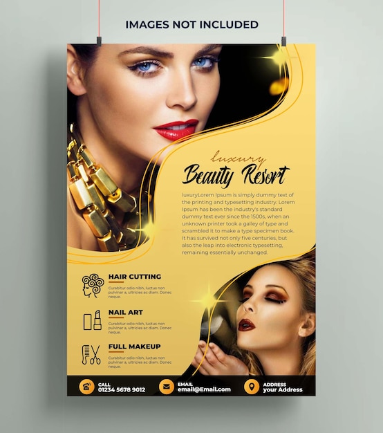 a poster for a beauty resort with a woman's face and the words images not included.