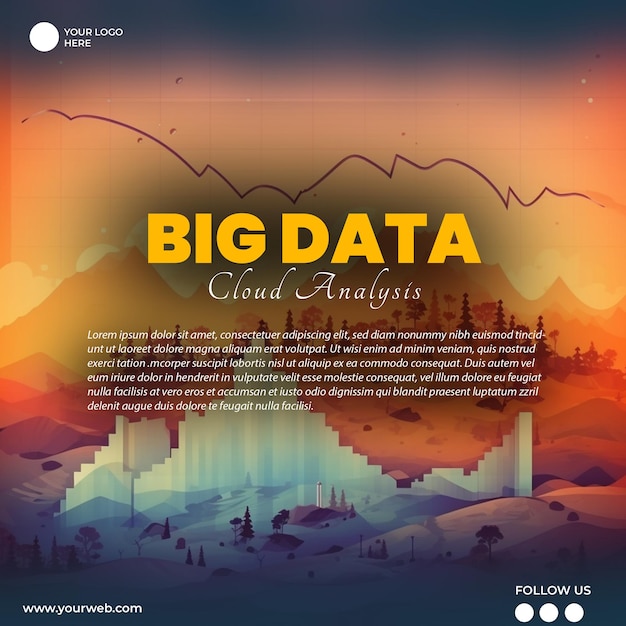 PSD a poster for big data cloud analysis with a mountain landscape in the background.