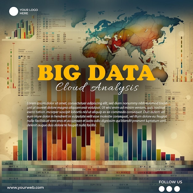 PSD un poster per l'analisi del cloud di big data con una mappa del mondo e una mappa del mondo.