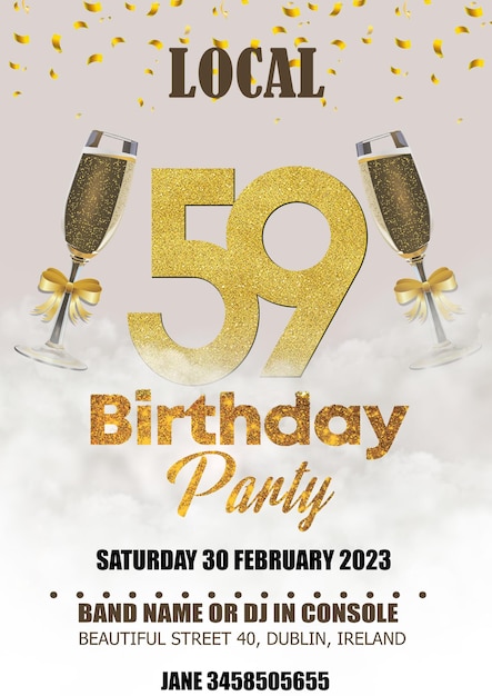 Un poster per una festa di compleanno con bicchieri di champagne e le parole 59esimo compleanno.