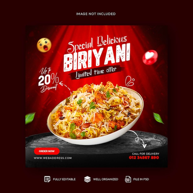 Un poster per biryani con sopra l'immagine di una ciotola di cibo.