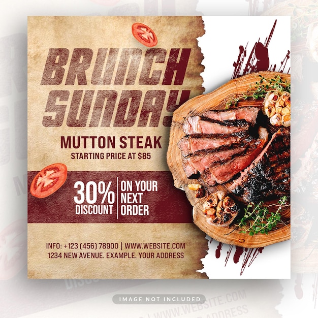 PSD a poster for brunch sunday with a steak on it.