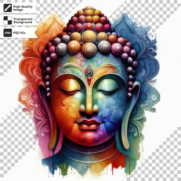 A poster of a buddha with a colorful face on it