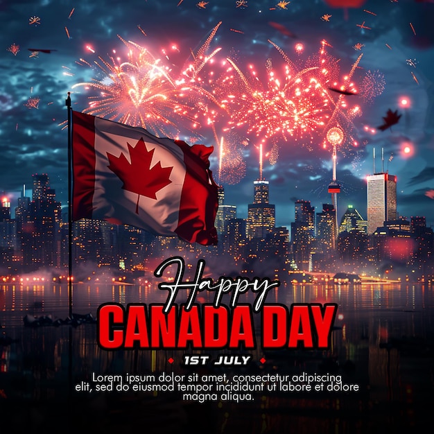 PSD a poster for canada day with a canadian flag and a city in the background