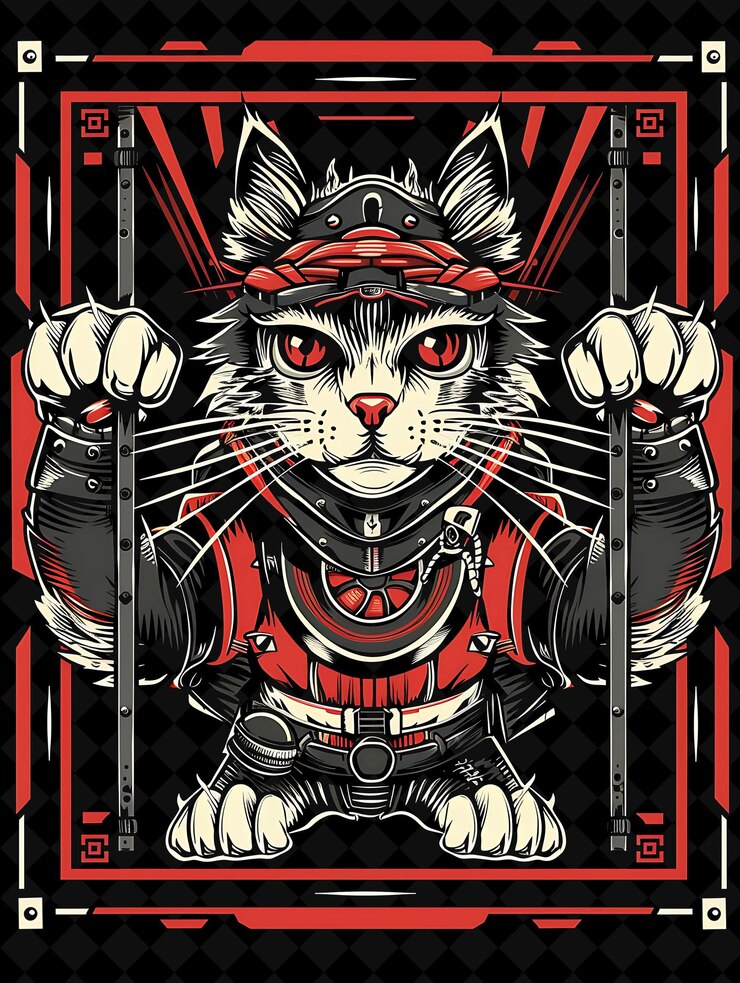 PSD a poster for a cat with a red headband and a black and red background