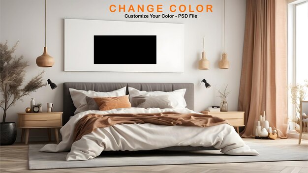a poster for change colors is on a wall above a bed