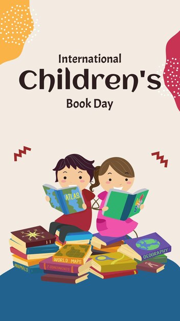 PSD a poster for childrens book day with a red background with a girl reading childrens day written by