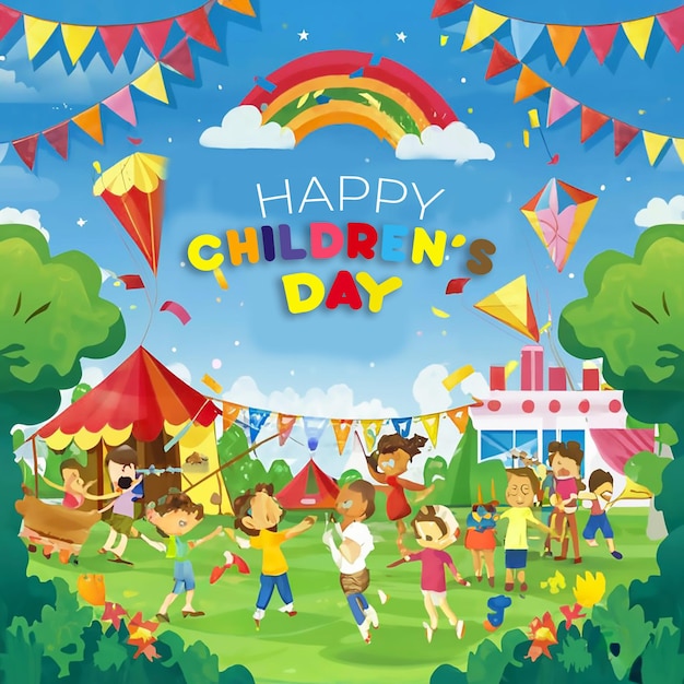 Un poster della giornata dei bambini con immagini di bambini che giocano insieme, bambini con personaggi che giocano
